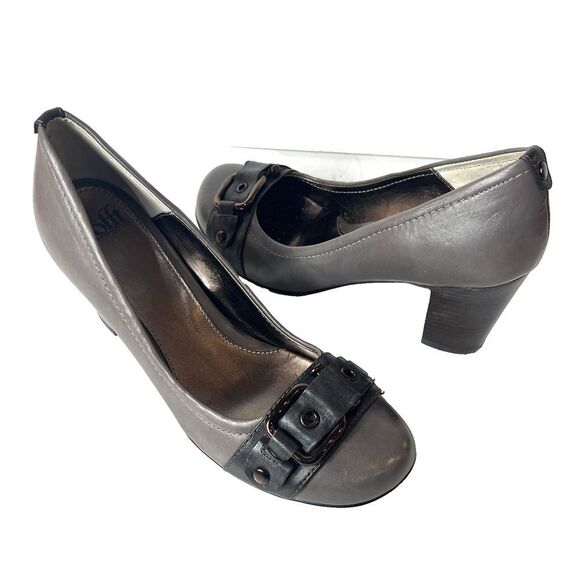 Sofft Slip On Block Heels Taupe Leather Classic Pump Womens Size 10M Embellished - Picture 1 of 11